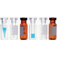 11-2200-101 - Fiole à sertir verre brun, 2 mL, avec pastille d'annotation, insert conique en verre clair, pointe tiree, 350 µL, verre borosilicate de Type I 