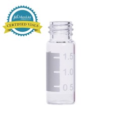 10-1200 - Fiole verre clair 12 x 32 mm, col filete 10-425, avec pastille d'annotation 