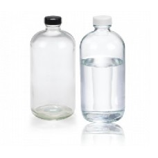 220738 - Flacon rond gaine plastique de type Boston, verre clair, 80 oz, avec bouchon visse 38-439 phenolique noir à joint aluminium, 135 mm x 295 mm 