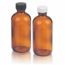 220956 - Flacon rond gaine plastique de type Boston, verre brun sodocalcique de Type III, 32 oz, avec bouchon visse 33-400 phenolique noir à joint conique PE, 96 mm x 210 mm 