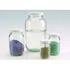 W216927 - Flacon à col large standard, verre clair, contenance 65 oz avec bouchon visse 83-400 en polypropylene blanc à joint polyvinyle, diametre 122 mm x 213 mm 