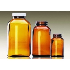 W216948 - Flacon à col large, verre brun sodocalcique de Type III, contenance 8 oz avec bouchon visse 45-400 en polypropylene blanc à joint polyethylene face PTFE, diametre 66 mm x 119 mm 
