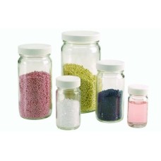 W217005 - Flacon rond AC, verre clair, contenance 1 oz sans bouchon visse 33-400 en polypropylene blanc à joint en mousse polyethylene face PTFE, diametre 34 mm x 68 mm 