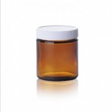 W217908 - Flacon en verre à parois droites 250 ml type III, ambre, avec bouchon à joint polypropylene PE blanc (Boîte de 12)