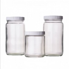 W217921 - Flacon en verre à col large 1000 ml type III, clair, avec bouchon à joint en polypropylene polyvinyle blanc, gaine plastique (Boîte de 12)