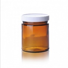W217962 - Flacon en verre conditionneur à col large 1000 ml type III, ambre, avec bouchon à joint en polypropylene PE blanc, gaine plastique (Boîte de 12)