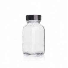 W218801 - Flacon en verre carre tablette 60 ml type III, clair, avec bouchon à joint phenolique noir conique PE (Boîte de 144)