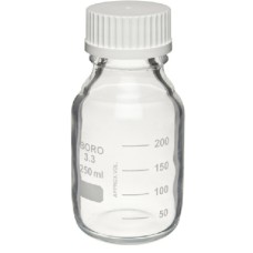 W219937 - Flacon gaine plastique pour reactif/milieu, 250 mL, avec bague verseuse en polypropylene et bouchon visse de 45 mm sans joint en polypropylene blanc 