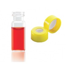 W224620-0205 - Fiole en verre clair borosilicate de Type I, 12 x 32, avec scellage de type bouchon à pression jaune à joint silicone PTFE 