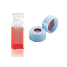 W224621-0304 - Fiole en verre clair borosilicate de Type I, 12 x 32, avec pastille d'annotation et scellage de type bouchon à pression bleu à joint PTFE/silicone/PTFE 