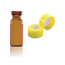 W224622-0205 - Fiole en verre brun borosilicate de Type I, 12 x 32, avec scellage de type bouchon à pression jaune à joint silicone PTFE 