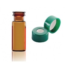W224622-0207 - Fiole en verre brun borosilicate de Type I, 12 x 32, avec scellage de type bouchon à pression vert à joint silicone PTFE 