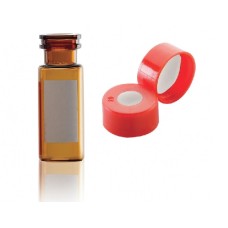 W224623-0203 - Fiole en verre brun borosilicate de Type I, 12 x 32, avec pastille d'annotation et scellage de type bouchon à pression rouge à joint silicone PTFE 