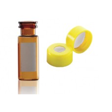 W224623-0205 - Fiole en verre brun borosilicate de Type I, 12 x 32, avec pastille d'annotation et scellage de type bouchon à pression jaune à joint silicone PTFE 