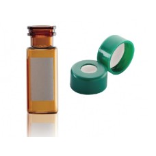 W224623-0207 - Fiole en verre brun borosilicate de Type I, 12 x 32, avec pastille d'annotation et scellage de type bouchon à pression vert à joint silicone PTFE 