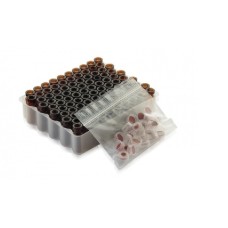W224623-0304 - Fiole en verre brun borosilicate de Type I, 12 x 32, avec pastille d'annotation et scellage de type bouchon à pression bleu à joint PTFE/silicone/PTFE 