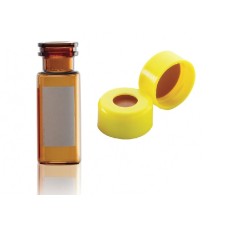 W224623-0305 - Fiole en verre brun borosilicate de Type I, 12 x 32, avec pastille d'annotation et scellage de type bouchon à pression jaune à joint PTFE/silicone/PTFE 