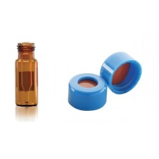 W225329-0104 - Fiole 0,3 mL en verre brun borosilicate de Type I avec bouchon bleu à joint PTFE/silicone rouge 