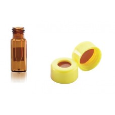 W225329-0105 - Fiole 0,3 mL en verre brun borosilicate de Type I avec bouchon jaune à joint PTFE/silicone rouge 